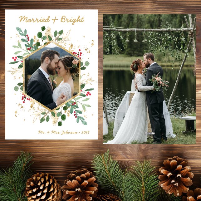 Modern Botanical Greenery Photo Married and Bright Holiday Card (Creator Uploaded)
