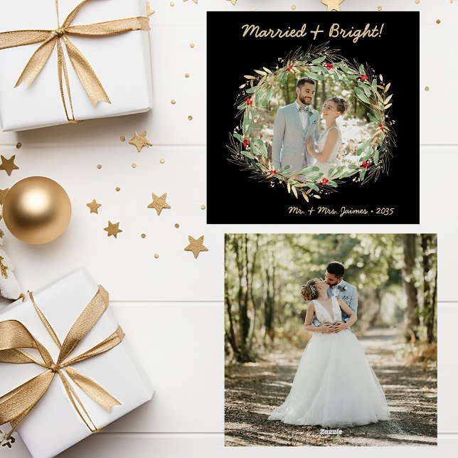 Modern Botanical Greenery Photo Married & Bright Holiday Card (Creator Uploaded)