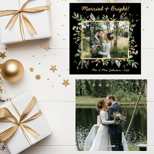 Modern Botanical Greenery Photo Married & Bright Holiday Card