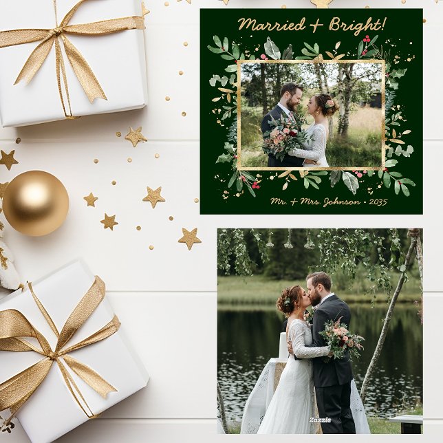 Modern Botanical Greenery Photo Married & Bright Holiday Card (Creator Uploaded)