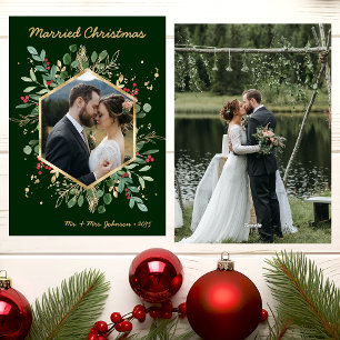 Modern Botanical Greenery Photo Married Christmas Holiday Card
