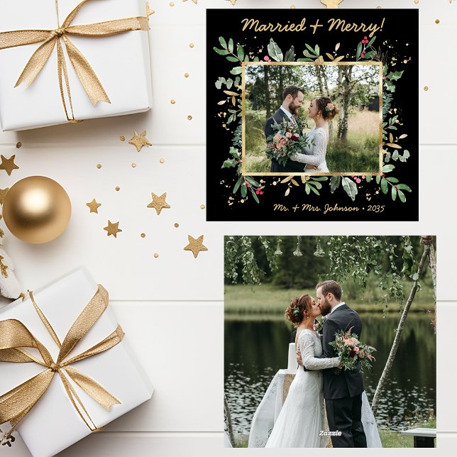 Modern Botanical Greenery Photo Married & Merry Holiday Card (Creator Uploaded)
