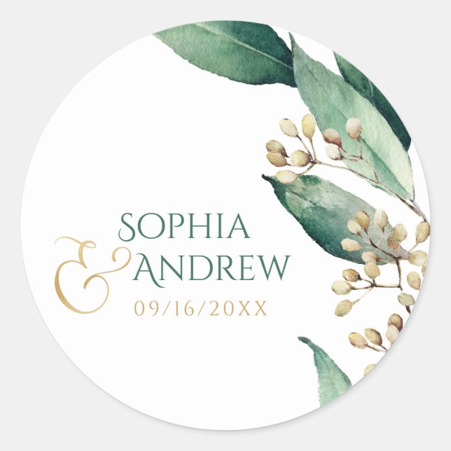 Modern botanical greenery rustic wedding monogram classic round sticker (Front)