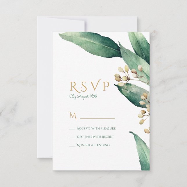 Modern botanical greenery rustic wedding RSVP (Front)