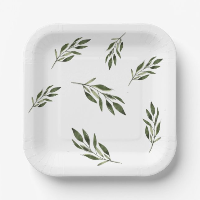 Modern Botanical Greenery Square Party Paper Plate (Front)