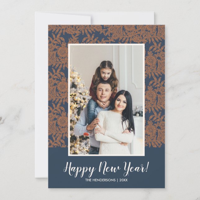 Modern Botanical Happy New Year Family Photo Holiday Card (Front)