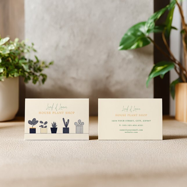 Modern Botanical house Plant Shop fun simple Business Card (Modern botanical-themed business card. Featuring a charming lineup of potted plants.)