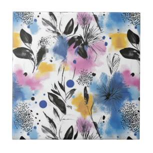 Modern Botanical in Magenta Blue & Mustard Tile