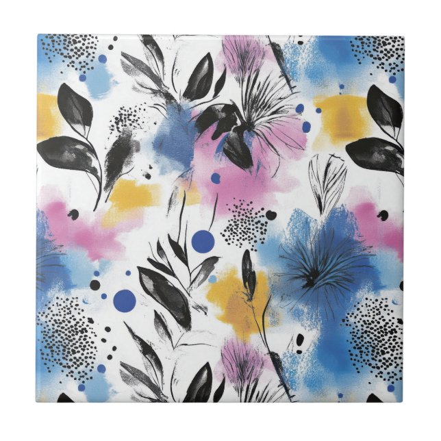 Modern Botanical in Magenta Blue & Mustard Tile (Front)