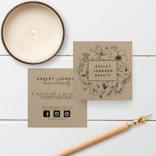 Modern Botanical Kraft and Black Floral Square Business Card