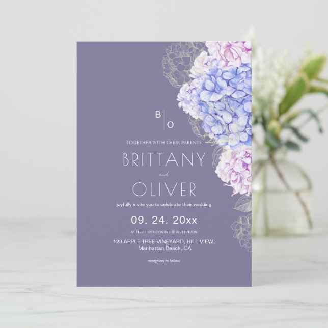 Modern Botanical Lavender & White Floral Wedding Invitation (Standing Front)
