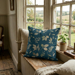 Modern Botanical Leaf Pattern Dark Ocean Blue Cushion