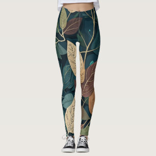 Modern Botanical Leaf Pattern in Earthy Teal Leggings