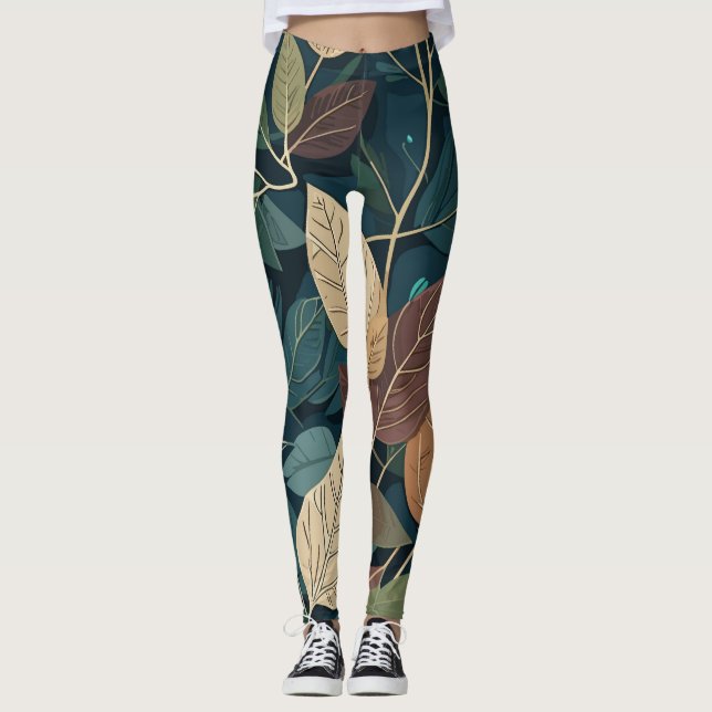 Modern Botanical Leaf Pattern in Earthy Teal Leggings (Front)