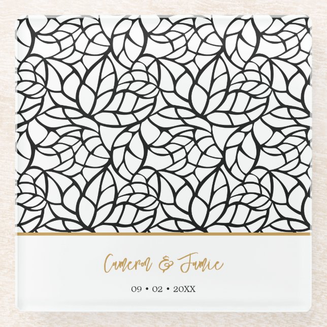 Modern Botanical Leaf Pattern Names Date Glass Coaster (Front)