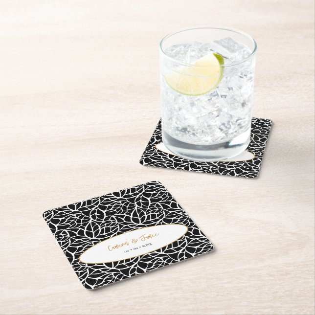 Modern Botanical Leaf Pattern Names Date Square Paper Coaster (Insitu)