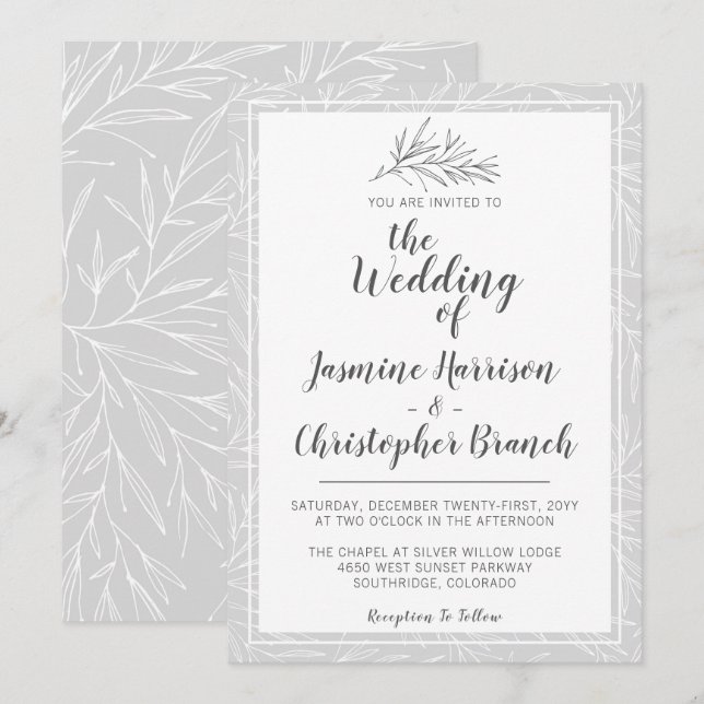Modern Botanical Leaf Silver Wedding Invitation (Front/Back)