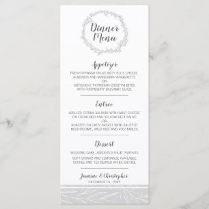 Modern Botanical Leaf Silver Wreath Dinner Menu