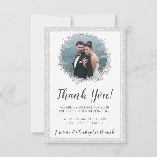 Modern Botanical Leaf Silver Wreath Thank You Card (Front)