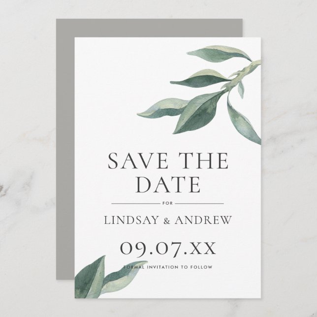 Modern Botanical Leaves Save the Date Announcement (Front/Back)