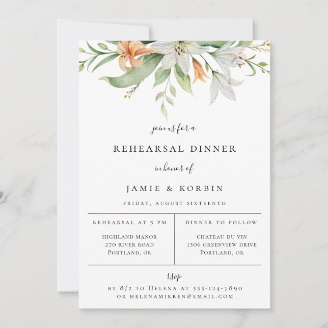Modern Botanical Lily Floral Rehearsal Dinner Announcement (Front)