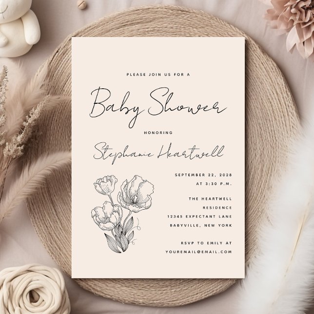 Modern Botanical Line Art Cream Baby Shower Invitation (Creator Uploaded)