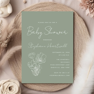 Modern Botanical Line Art Sage Green Baby Shower Invitation