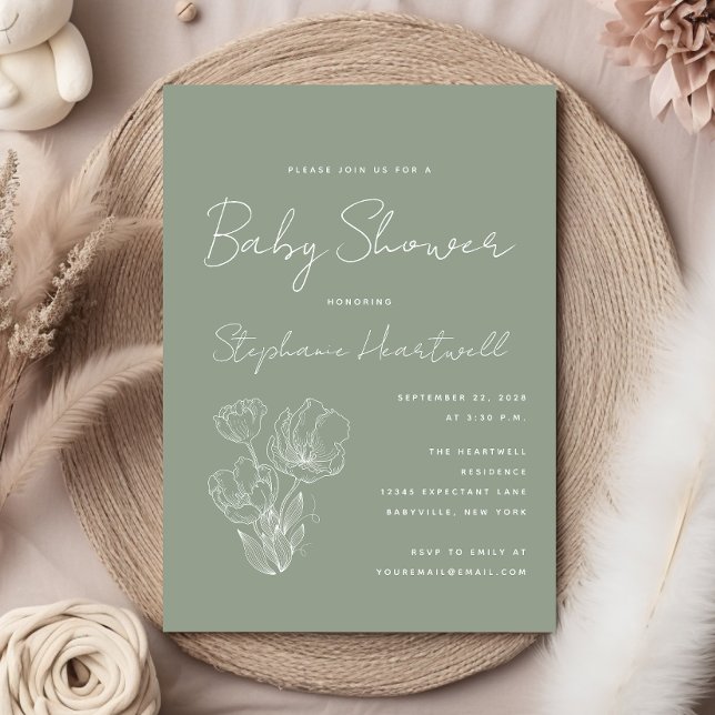 Modern Botanical Line Art Sage Green Baby Shower Invitation (Creator Uploaded)