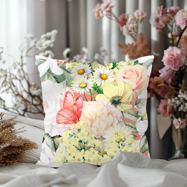 Modern Botanical Lush Floral Pattern Pink Salmon Cushion (Creator Uploaded)