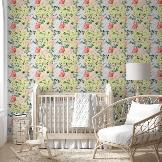 Modern Botanical Lush Floral Pattern Sky Blue Wallpaper (Kids)