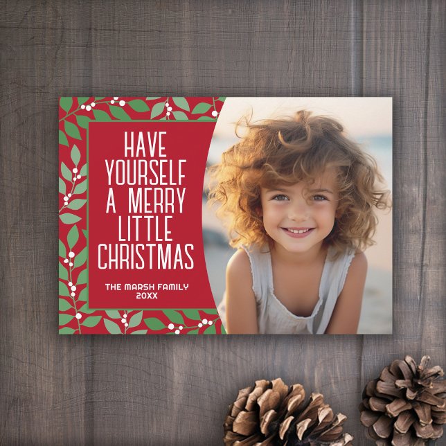 Modern Botanical Merry Christmas Photo deep red Holiday Card (A berry botanical holiday card in shades of green leaves and white berries. 1 Photo)