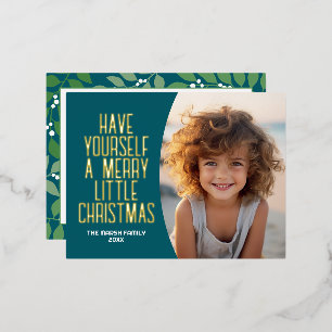 Modern Botanical Merry Christmas Photo - Teal Foil Holiday Postcard