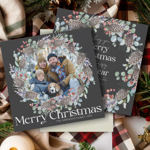 Modern Botanical Merry Christmas Wreath & Photo Holiday Card