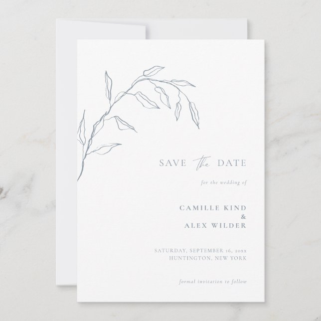 Modern Botanical Minimal Leaf Wedding Dusty Blue Save The Date (Front)