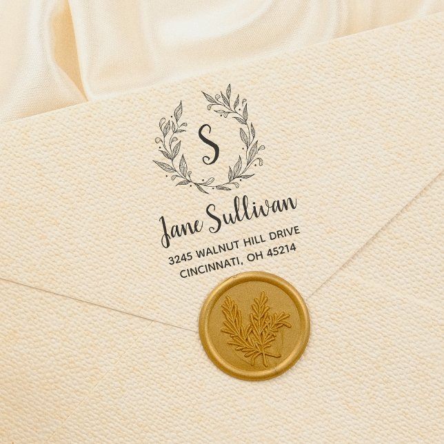 Modern Botanical Monogram Custom Return Address Rubber Stamp (Creator Uploaded)