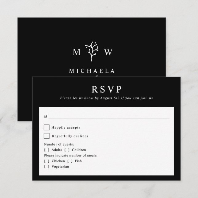 Modern Botanical Monogram Initials Wedding RSVP Card (Front/Back)