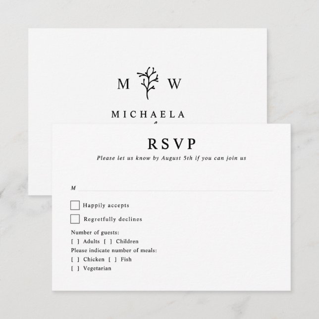 Modern Botanical Monogram Initials Wedding RSVP Card (Front/Back)