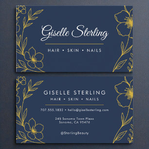 Modern Botanical Navy Blue Gold Name Typography Business Card