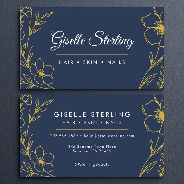 Modern Botanical Navy Blue Gold Name Typography Business Card (Creator Uploaded)