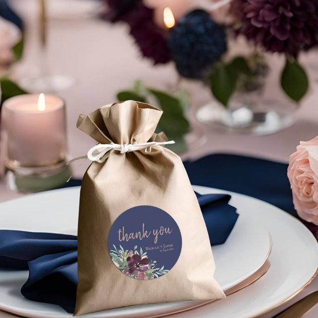Modern Botanical Navy Rose Gold Wedding Favour Classic Round Sticker (Creator Uploaded)