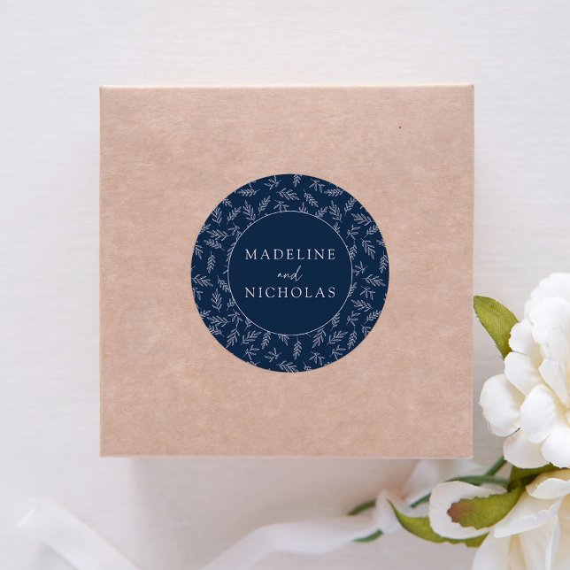 Modern Botanical Navy Wedding Classic Round Sticker (Creator Uploaded)