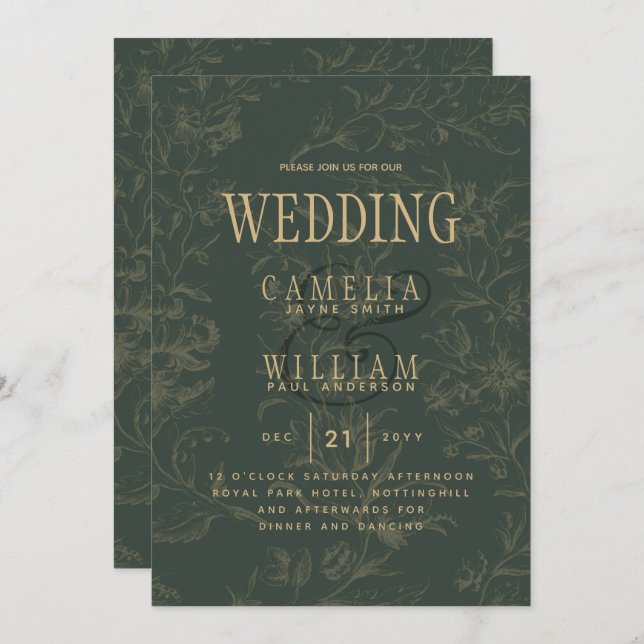 Modern BOTANICAL OLIVE Green Gold Wedding Invitation (Front/Back)
