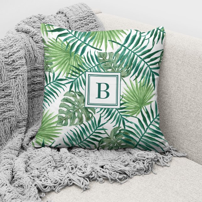 Modern Botanical Palm Leaves Monogram Cushion (Creator Uploaded)