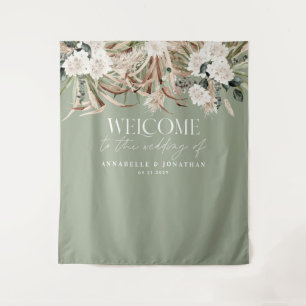 Modern botanical pampas eucalyptus wedding welcome tapestry