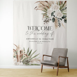 Modern botanical pampas eucalyptus wedding welcome tapestry