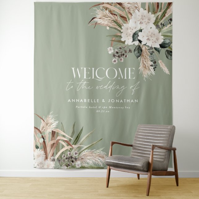 Modern botanical pampas eucalyptus wedding welcome tapestry (In Situ)