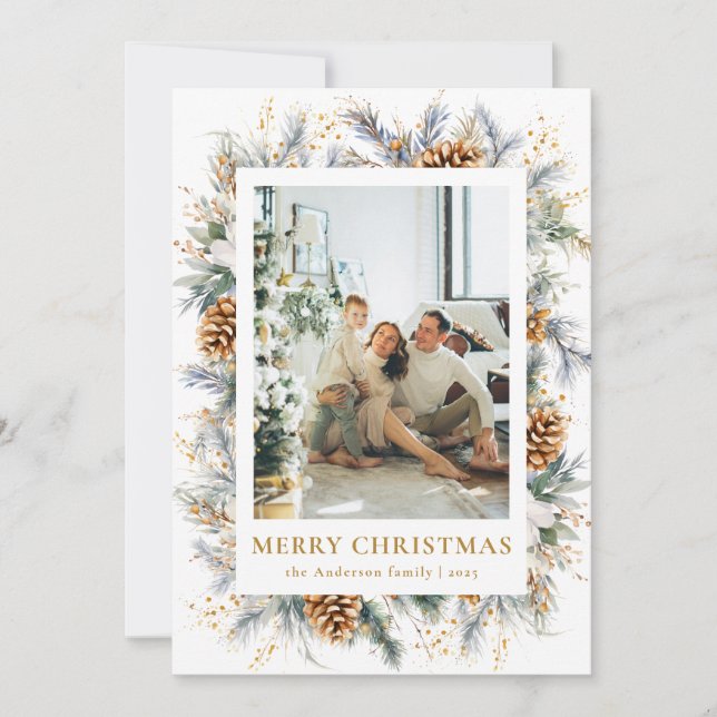 Modern Botanical Photo Frame Merry Christmas Holiday Card (Front)