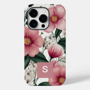 Modern Botanical Pink Flowers Monogrammed Case-Mate iPhone 14 Pro Case