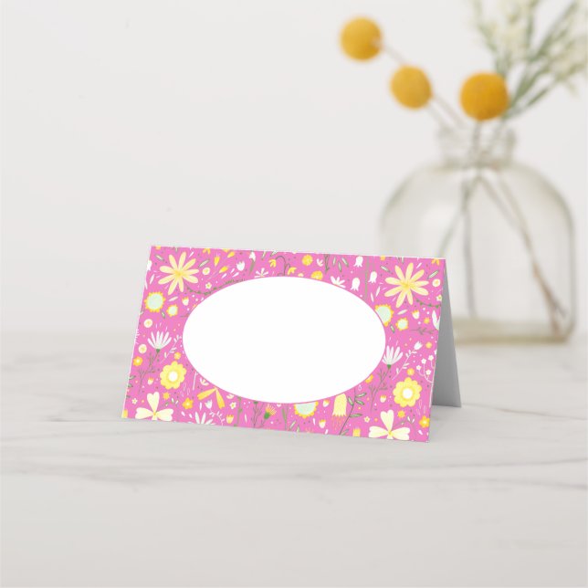 Modern Botanical Pink Wildflower Floral Pattern Place Card (Front)