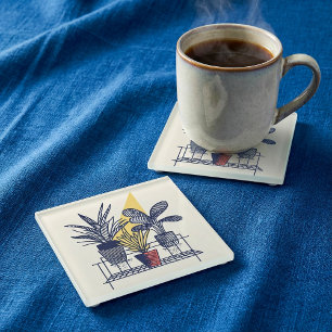 Modern Botanical potted house Plant Illustration Glass Coaster